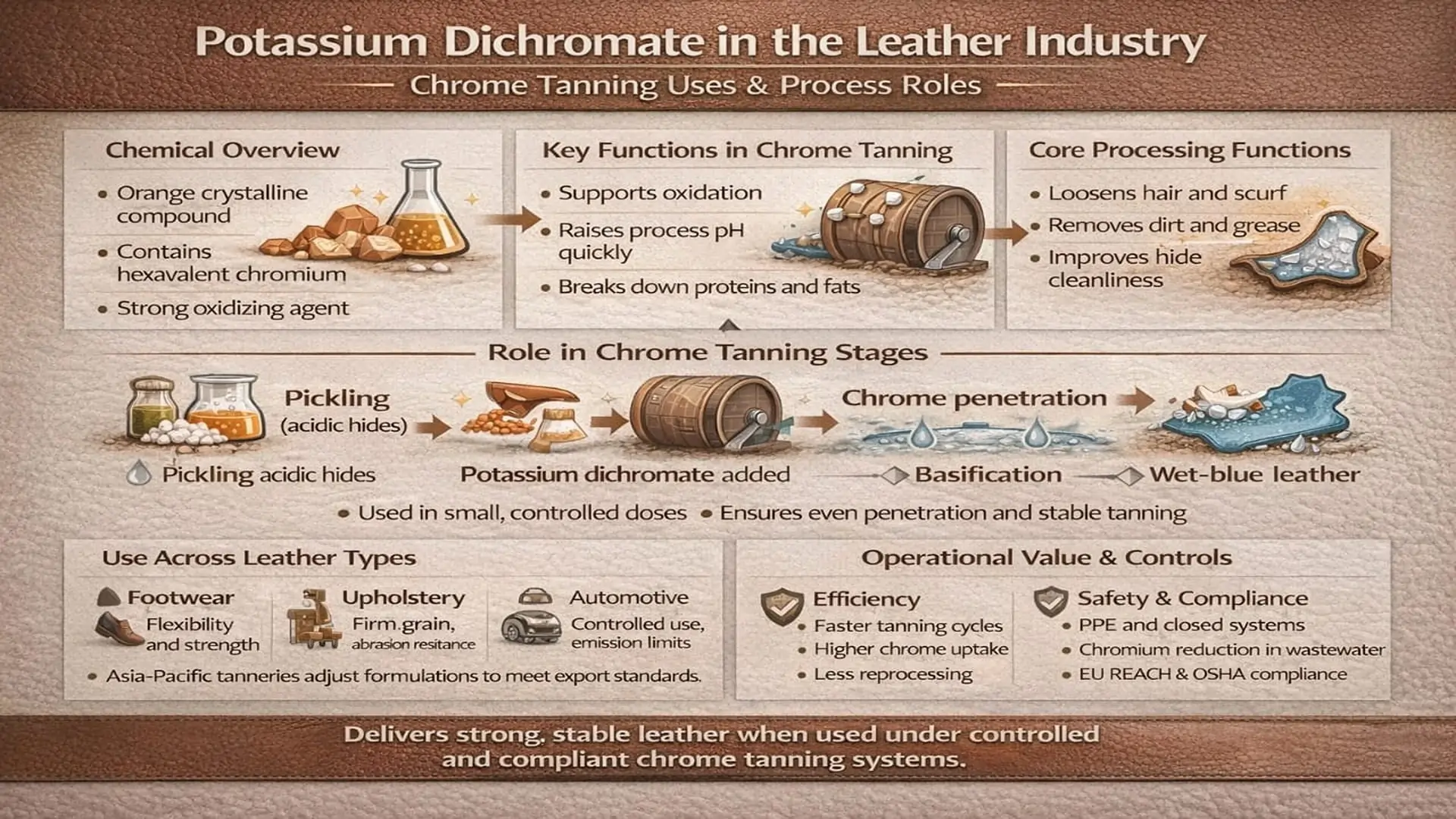 Potassium Dichromate in the Leather Industry: Chrome Tanning Uses and Process Roles