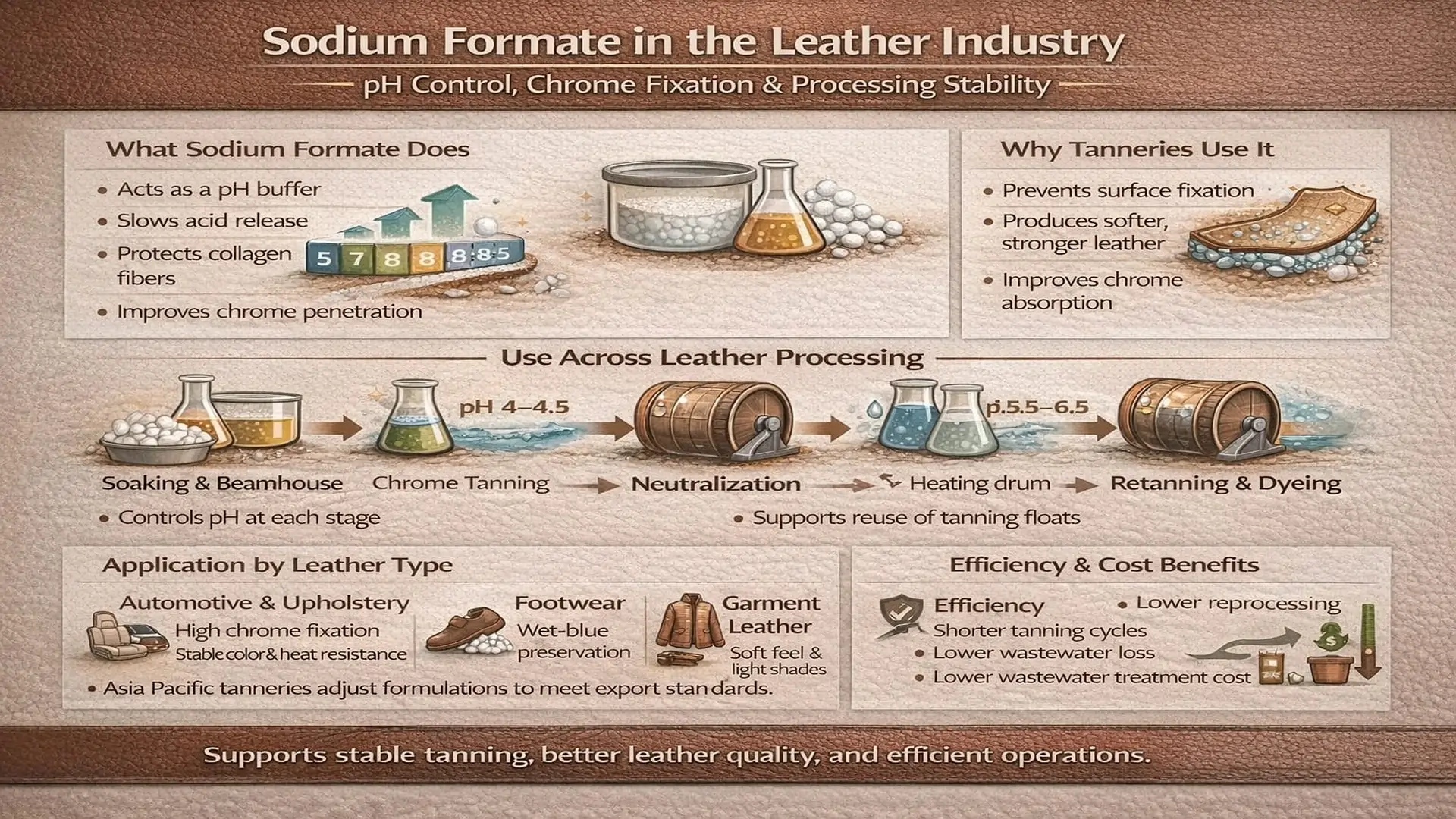 Sodium Formate in the Leather Industry: Uses, Processing Benefits, and Supply Considerations